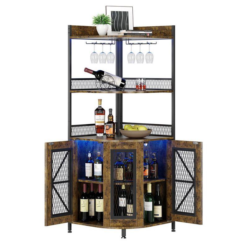 Rustic Brown 5-Tier Industrial Corner Bar Cabinet with LED Lights