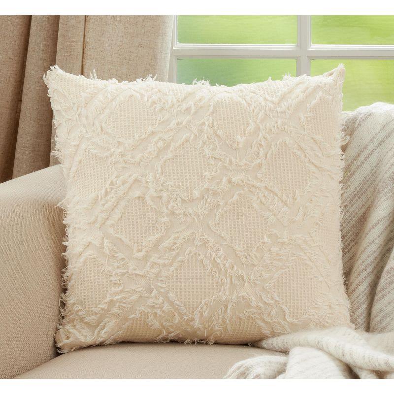 Ivory Fringe Waffle Weave Cotton Throw Pillow