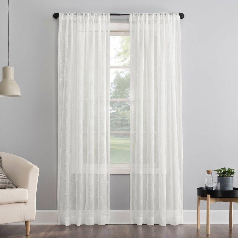 63"x50" Tamaryn Embroidered Trellis Sheer Rod Pocket Curtain Panel Ivory - No. 918: Modern Off-White Polyester Drapery