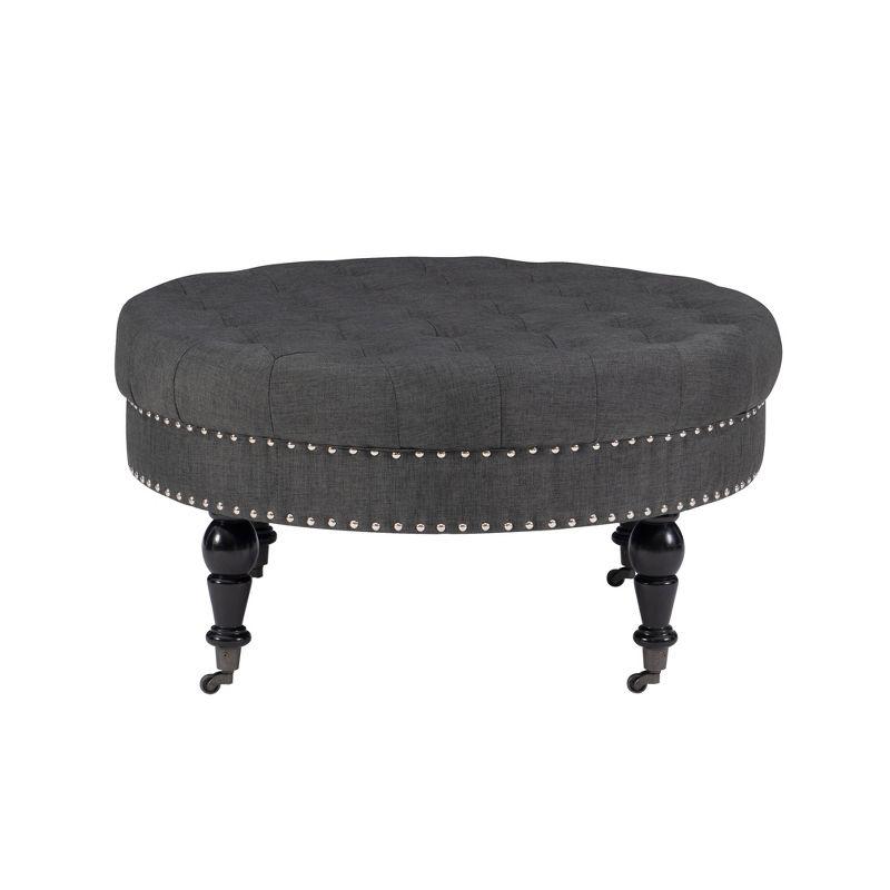 34.6" Isabelle Traditional Round Tufted Upholstered Wheeled Cocktail Ottoman Gray - Linon: Charcoal Linen, Silver Nailhead, Black Legs