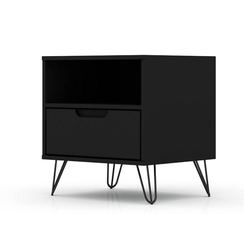 Mid-Century Modern Black Nightstand with Metal Legs and Drawer