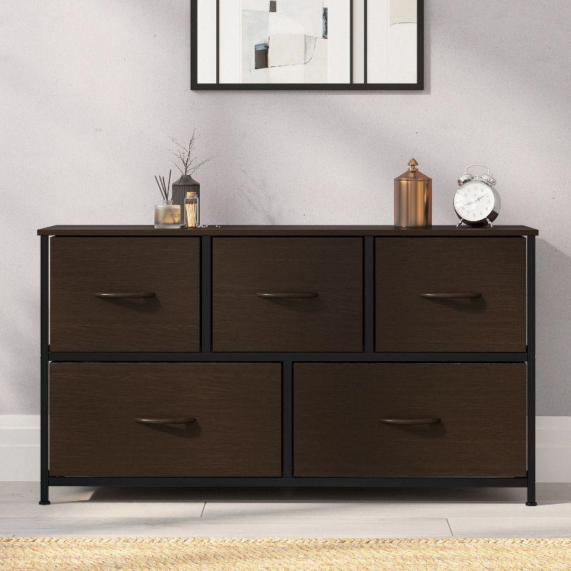 Emma and Oliver 5 Drawer Storage Dresser with Black Cast Iron Frame, Brown Wood Top and Brown Easy Pull Engineered Wood Drawers with Wooden Handles