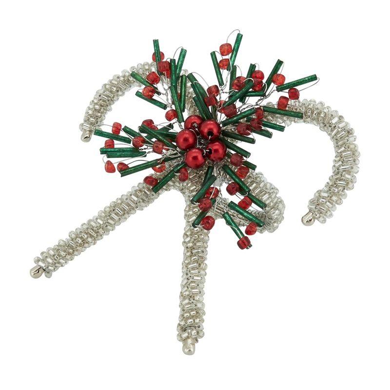 Festive Silver Beaded Candy Cane Napkin Rings, Set of 4