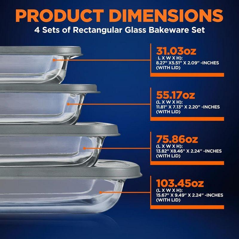 NutriChef 4-Piece Rectangular Glass Bakeware Set with Lids