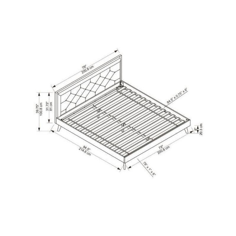 King Reid Mid-Century Platform Bed in Walnut Finish with Tufted Headboard in Gray Fabric - Linon: Upholstered Polyester, No Box Spring Needed
