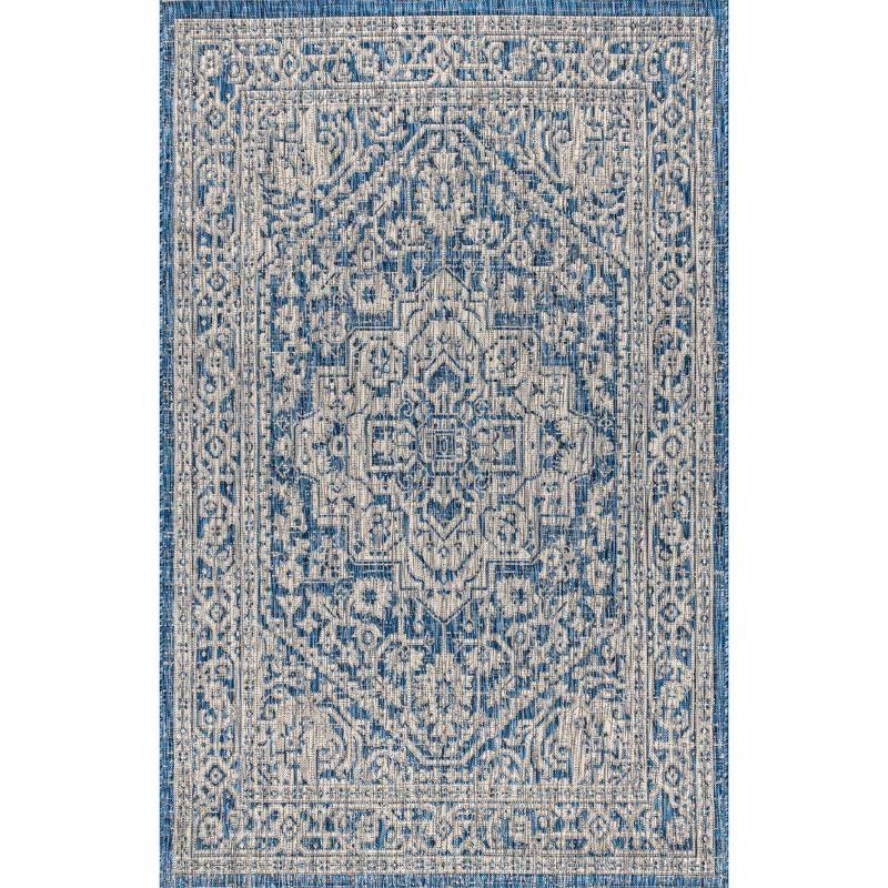 3'x5' Sinjuri Medallion Textured Weave Indoor/Outdoor Area Rug, Navy/Gray - JONATHAN Y