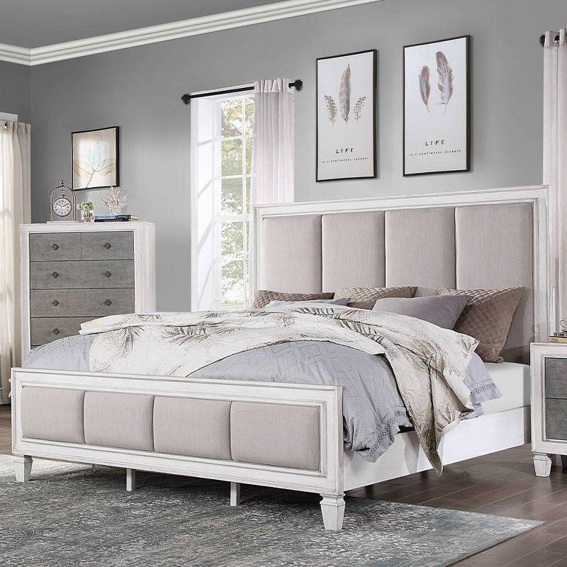 Katia King Bed with Light Gray Linen Upholstered Headboard and Rustic White Frame