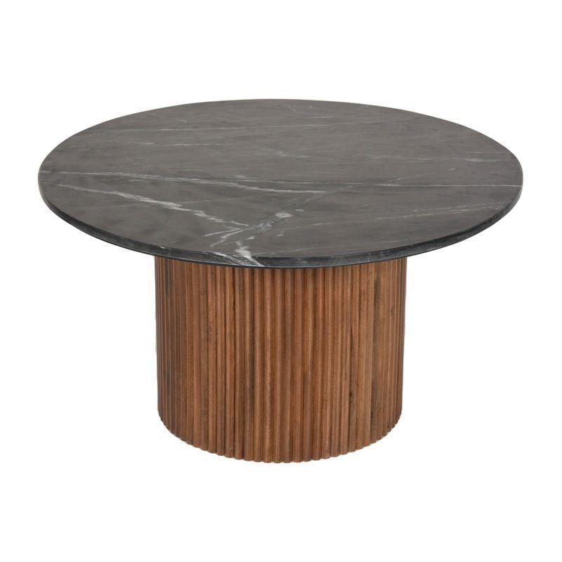 Sagebrook Home 18" Mango Wood and Marble Round Reeded Coffee Table Brown/Black: Elegant Pedestal Base, No Assembly Required