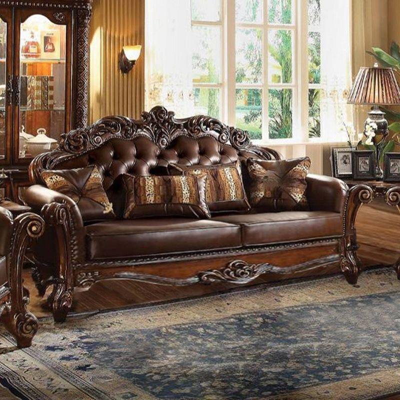 96" Vendome PU Sofa Cherry - Acme Furniture: Traditional Crescent, Nailhead Trim, Includes 3 Pillows