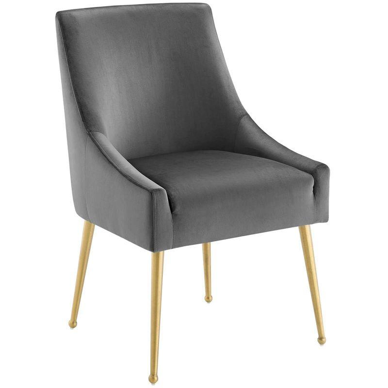 Sloping Arms Gray Velvet & Brushed Gold Wood Side Chair