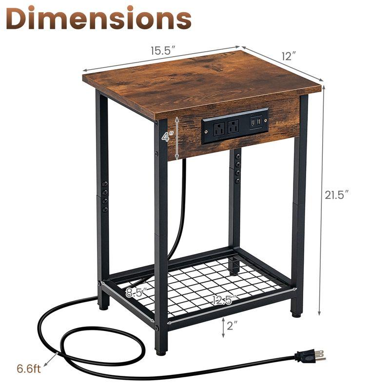 Costway Set of 2 End Tables with Charging Station Industrial Bed Side Table with AC Outlets & USB Port Rustic Brown