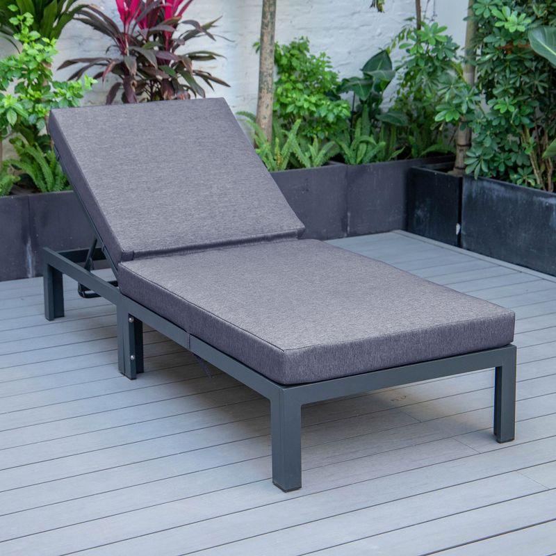 LeisureMod Marlin Patio Sling Chaise Lounge Chair With Arms in Black Aluminum