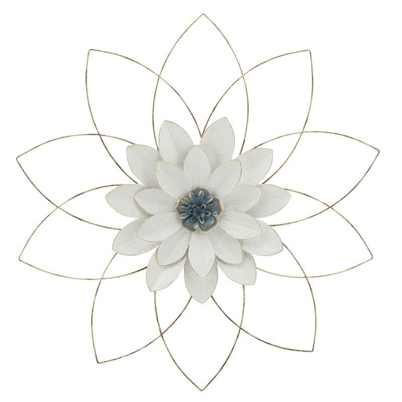 White and Blue Iron Lotus Wall Sculpture, 25"