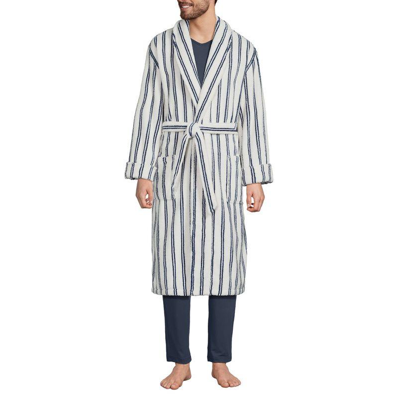 Lands' End Men's Calf Length Pattern Turkish Terry Robe - Large - Egret White Double Stripes