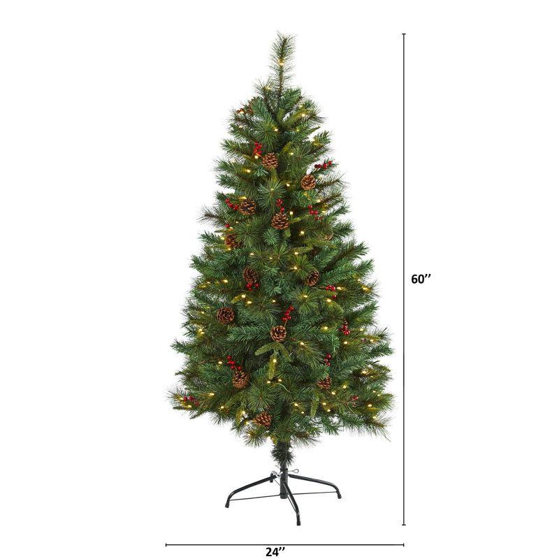 Nearly Natural 5-ft Mixed Pine Artificial Christmas Tree with 150 Clear LED Lights, Pine Cones and Berries