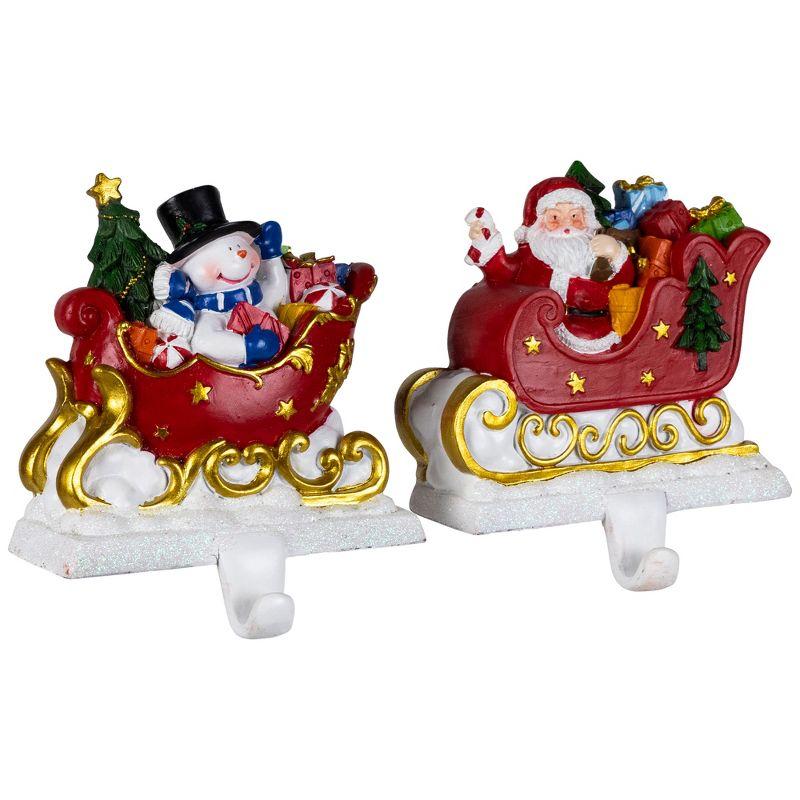 Northlight Santa and Snowman Sleigh Ride Christmas Stocking Holders - 4.25" - Set of 2