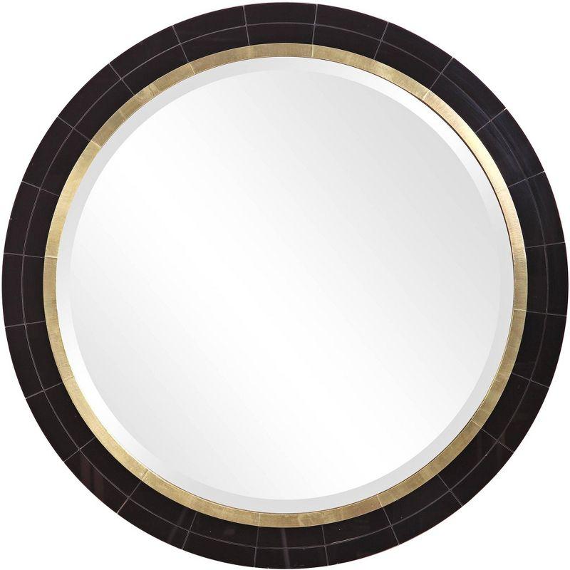 Contemporary Round Wood & Metal Beveled Wall Mirror in Black/Brass 36"