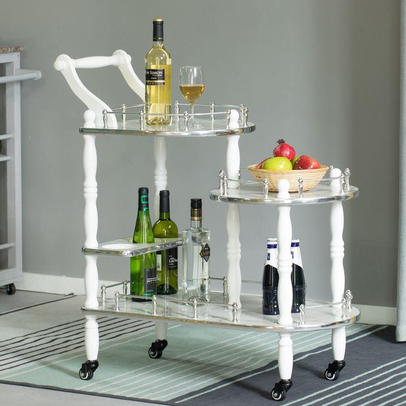 Fabulaxe Wood Serving Bar Cart Tea Trolley with 3 Tier Shelves and Rolling Wheels, Silver, White and Gray