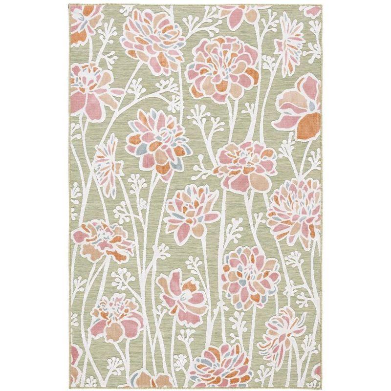 Green and Pink Floral Synthetic Indoor/Outdoor Area Rug