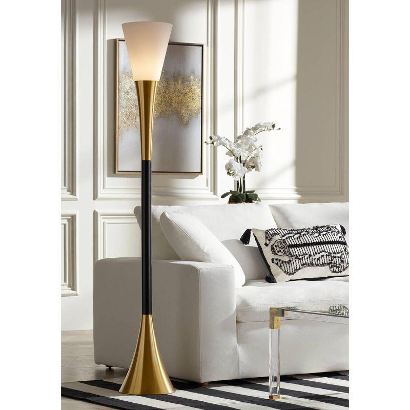 Possini Euro Design Piazza Modern Torchiere Floor Lamp 72 1/2" Tall Black Brass Metal Frosted White Glass Shade for Living Room Bedroom Office House