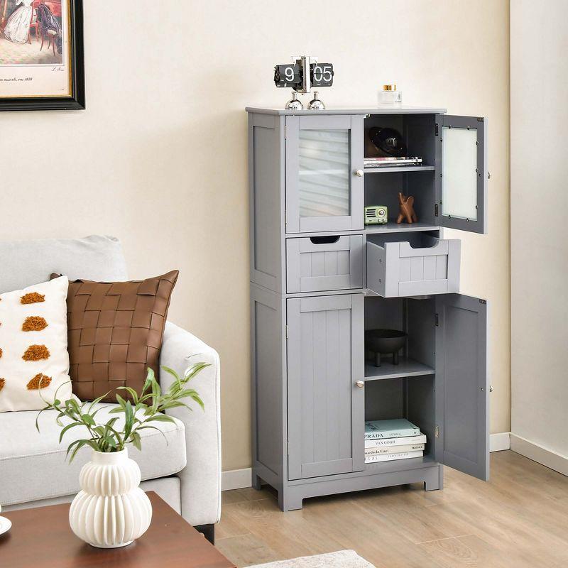 Gray MDF Floor Cabinet with Glass Doors and Adjustable Shelves