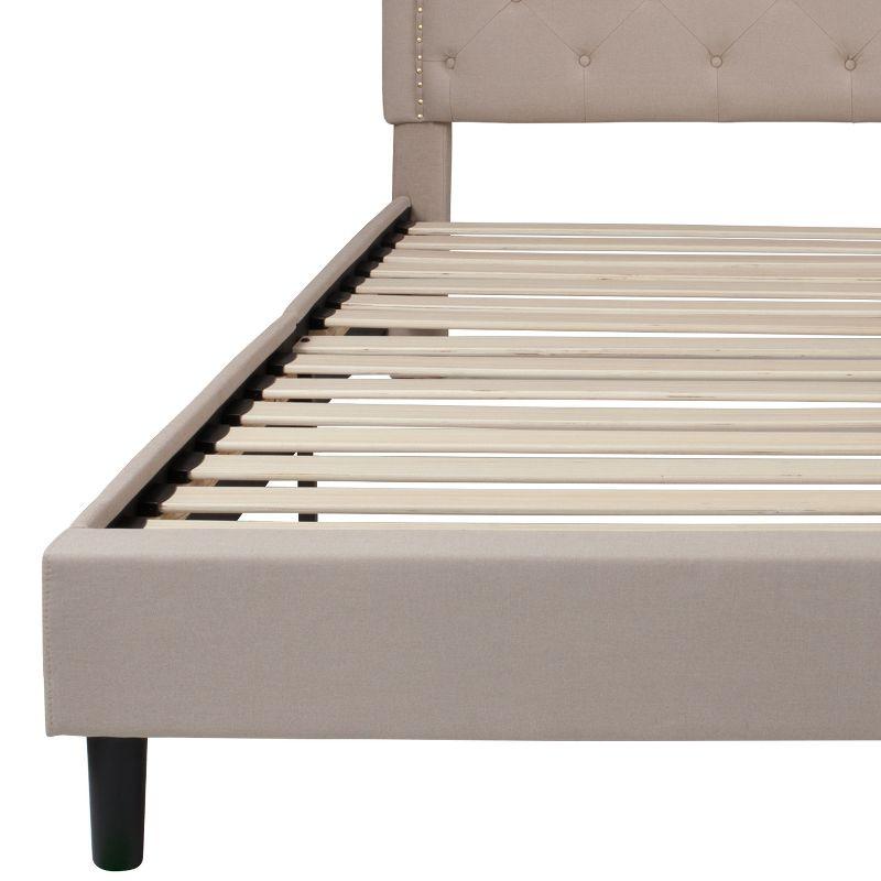 King-Size Transitional Beige Fabric Upholstered Bed with Nailhead Trim