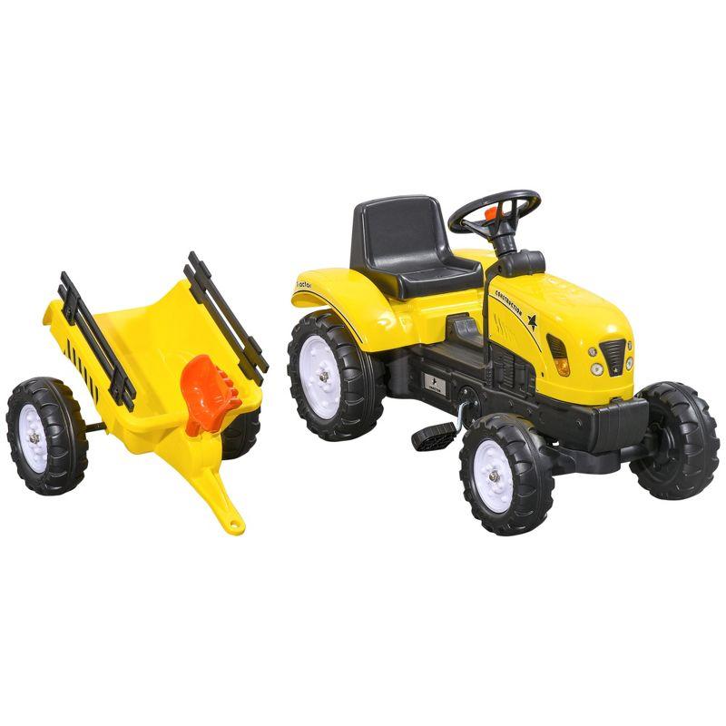 Aosom Kids Ride on Farm Tractor, Manual Pedal Ride on Car with Back Storage Trailer, Shovel & Rake, Horn, 3 Years Old, Yellow