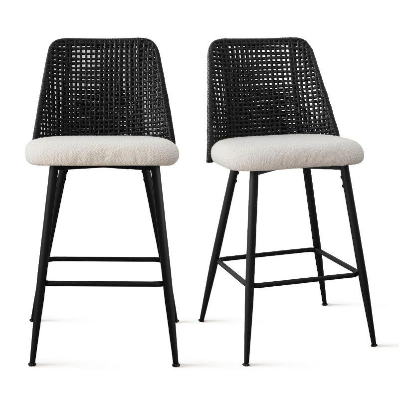 27" Counter Height Bar Stools Set Of 2, Black Rattan Back Upholstered Chairs, Modern Kitchen Island Seating, Woven Accent Stools-Maison Boucle