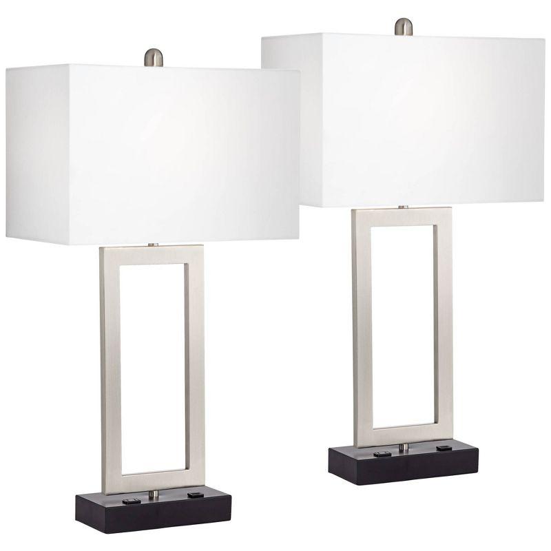 360 Lighting Todd 30" Tall Large Modern End Table Lamps Set of 2 USB Port AC Power Outlet Silver Brushed Nickel Finish Metal Living Room Charging