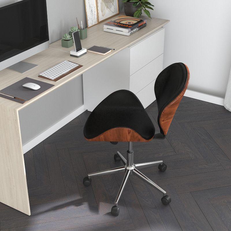 Walnut Frame Black Leather Mid-Back Executive Swivel Office Chair