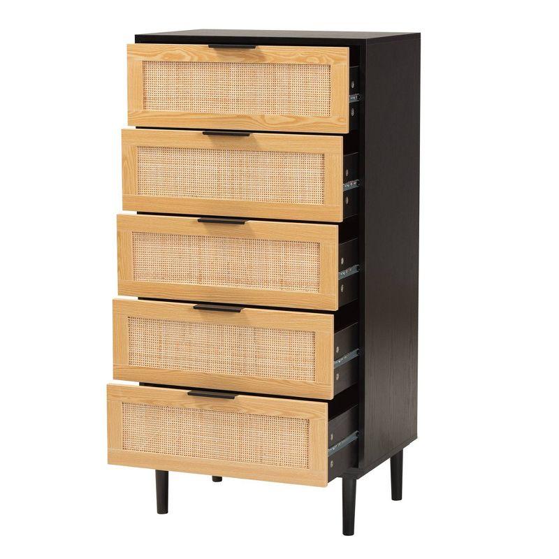 Maureen Wood and Rattan 5 Drawer Storage Chest Espresso/Natural Brown - Baxton Studio: Bohemian Style, Tapered Legs