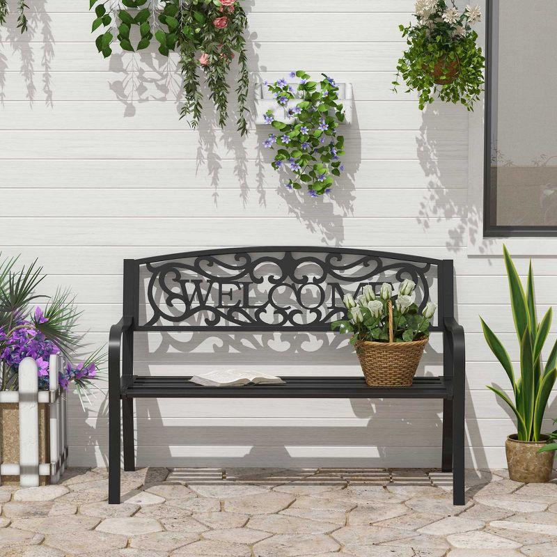 Outsunny 50" Outdoor Metal Welcome Bench, Powder Coated Cast Iron Sign & Steel Frame, 2 Person Bench with Antique Vine Motifs & Slatted Seat, Black