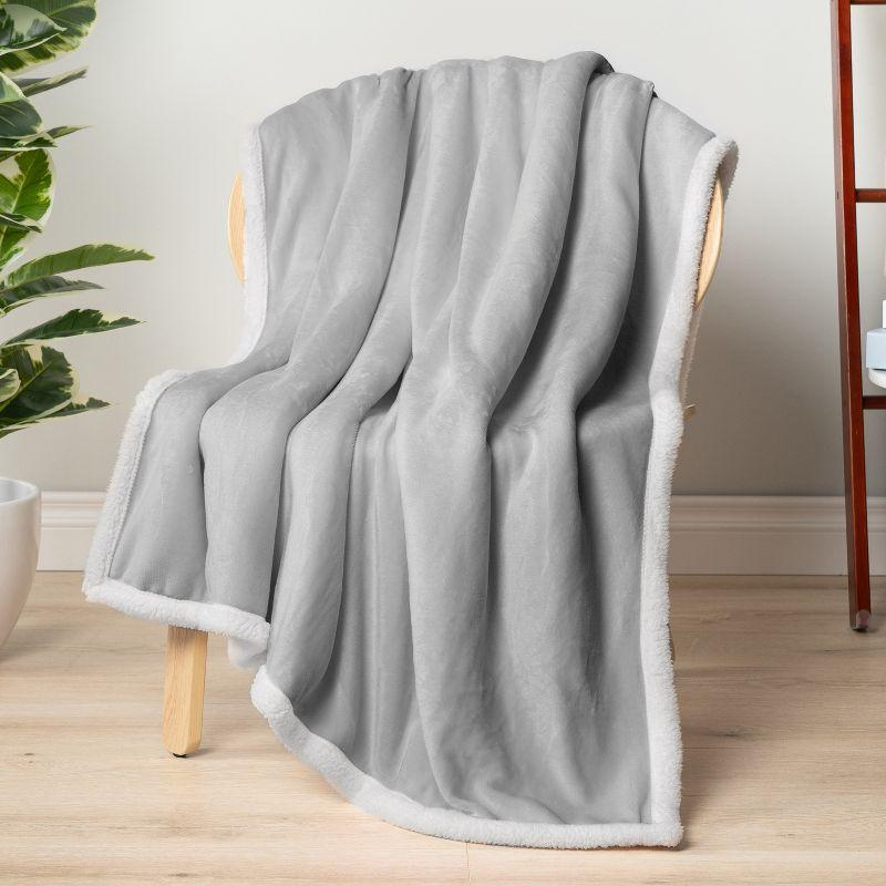 PAVILIA Premium Faux Shearling Fleece Throw Blanket for Bed, Reversible Warm Blanket for Couch Sofa, Light Gray/Throw - 50x60