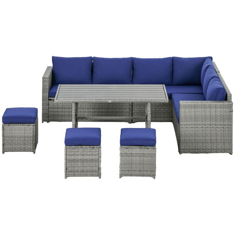 Outsunny 7 Piece Patio Furniture Set, Outdoor L-Shaped Sectional Sofa with 3 Loveseats, 3 Ottoman Chairs, Dining Table, Cushions, Storage, Dark Blue