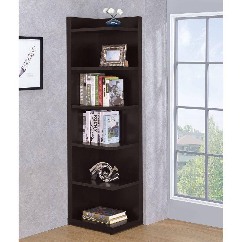 71" Modern 6 Shelf Corner Bookcase Cappuccino - Coaster: Laminated Melamine Veneer, Fixed Shelves, Meets Safety Standards