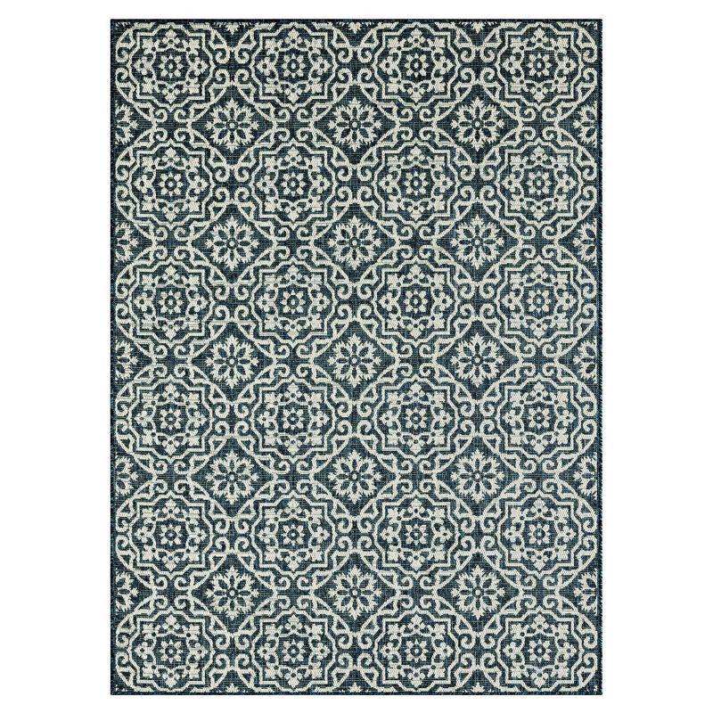 Teal Blue Geometric Synthetic Indoor/Outdoor Area Rug