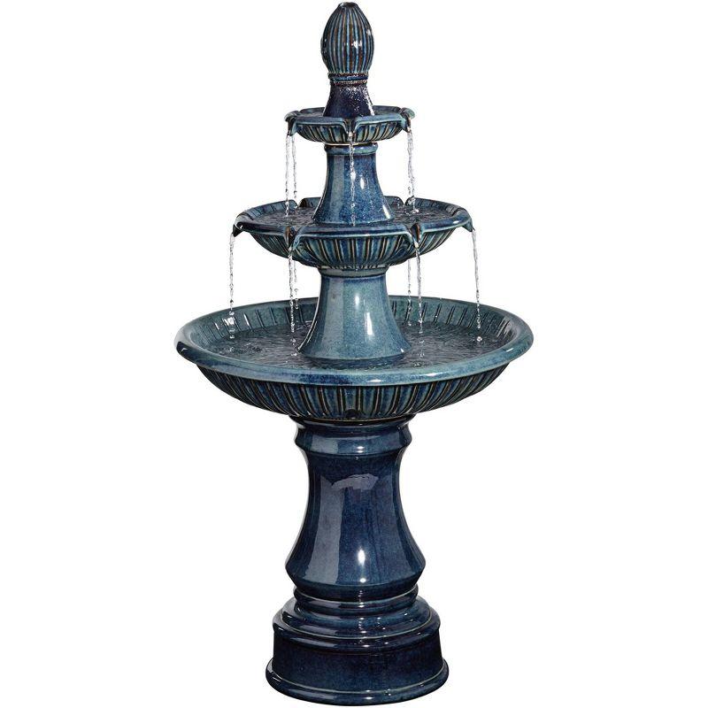 Formentera 46" High Large Italian Indoor Outdoor Decor Teal Blue Ceramic Floor Fountain with Light LED 3-Tier Outside Garden Patio
