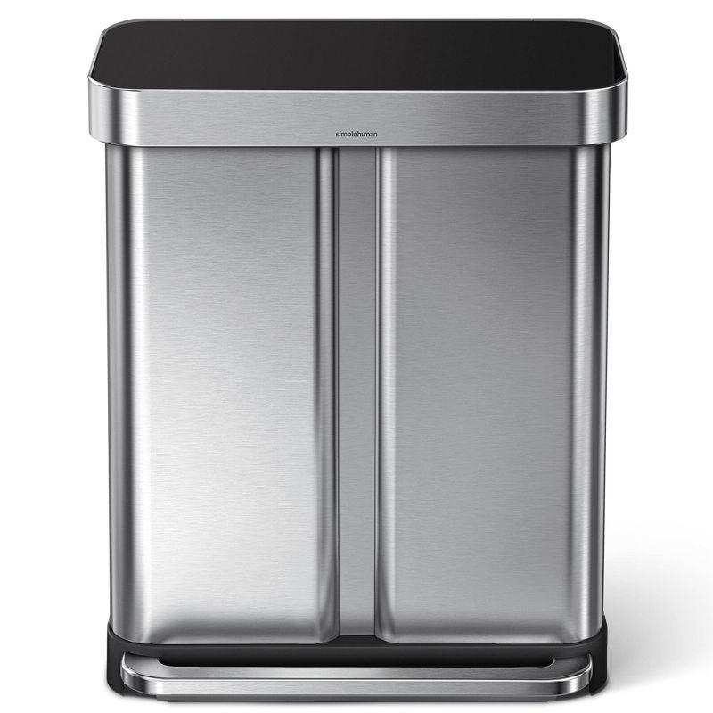 simplehuman 58L Rectangular Dual Compartment Recycling Step Trash Can Brushed Stainless Steel: Fingerprint-Resistant Garbage Can