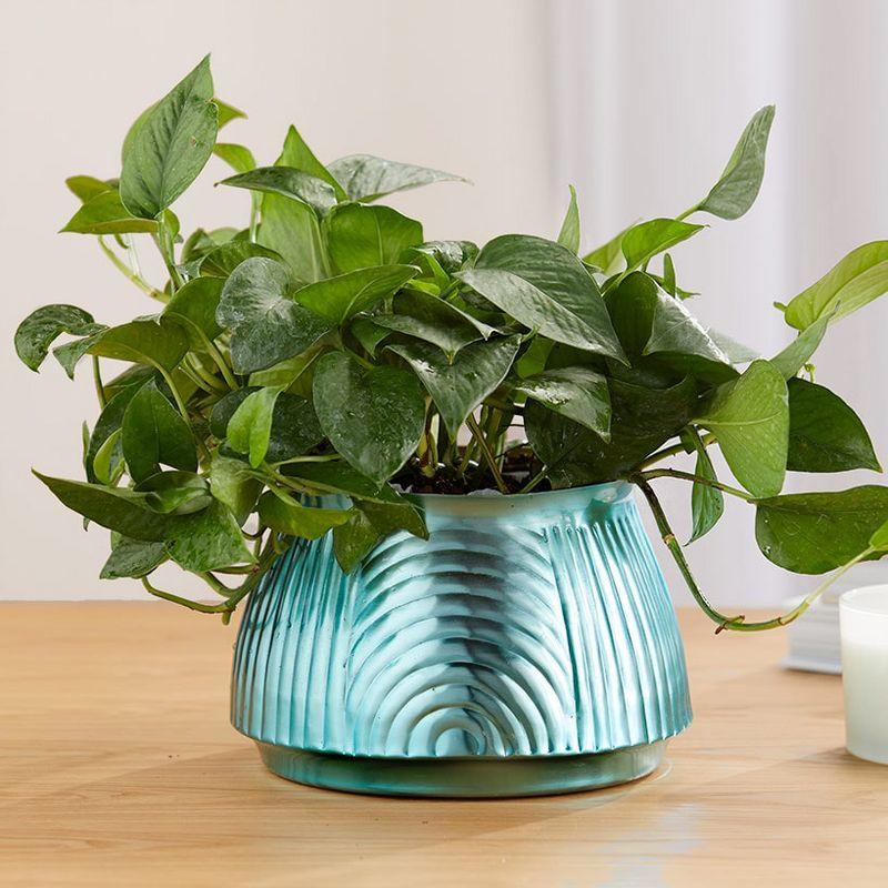 Small Ribbed Turquoise Metal Planter with Drainage Hole