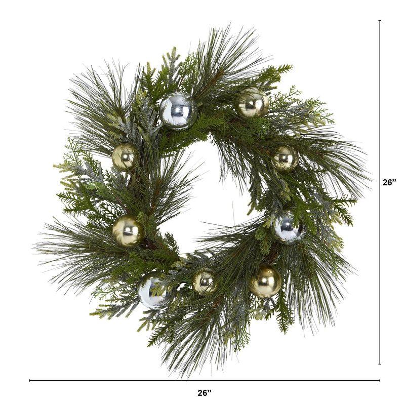 Nearly Natural 26” Sparkling Pine Artificial Wreath with Decorative Ornaments