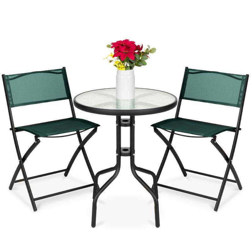 Best Choice Products 3-Piece Patio Bistro Dining Furniture Set w/ Glass Tabletop, Folding Chairs - Dark Green