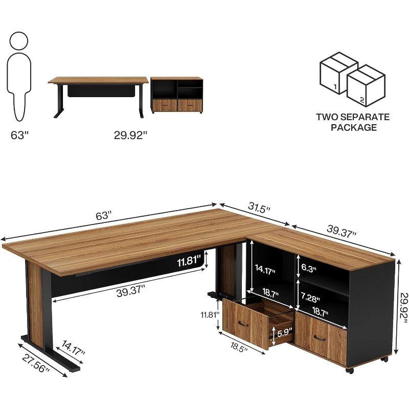 Tribesigns 63" Large Executive Desk L Shaped Computer Desk with File Storage Cabinet, Brown and Black