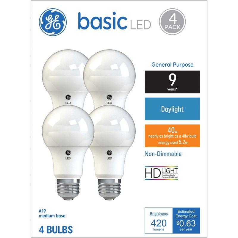 GE 4pk 40W Basic A19 LED Light Bulbs Daylight: 5000K, 420 Lumens, E26 Base, 9.1-Year Life, Damp Location Suitable