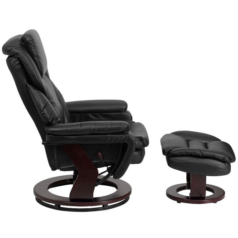 Black Leather Swivel Recliner with Ottoman and Wood Base