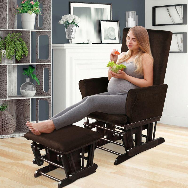 Costway Glider and Ottoman Cushion Set Wooden Baby Nursery Rocking Chair Brown