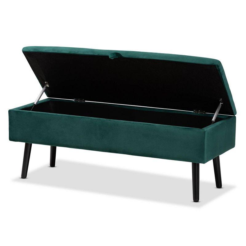 Caine Green Velvet Upholstered Storage Bench with Dark Wood Legs