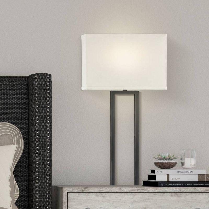 Possini Euro Design Portico Modern Wall Lamp Black Plug-in 11" Light Fixture LED White Linen Rectangular Shade for Bedroom Reading Living Room House