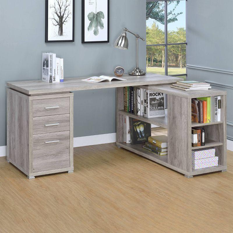 Transitional Grey Driftwood L-Shaped Home Office Desk with Filing Cabinet