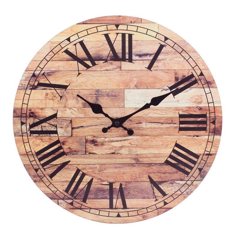 14-Inch Rustic Brown Wooden Roman Numeral Wall Clock