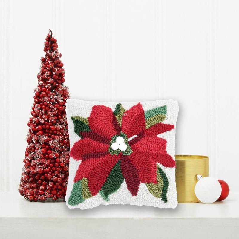 Small Red and Green Poinsettia Hooked Holiday Throw Pillow